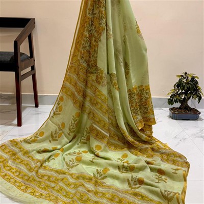 Hand Block Printed Mustard Yellow Floral Chiffon Saree