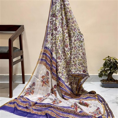 Hand Block Printed Floral Pure Double Diamond Chiffon Saree