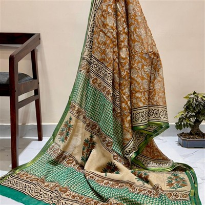 Mustard Floral Handblock Chiffon Saree