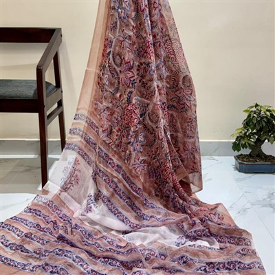 Hand Block Printed Crimson Paisley Pure Double Diamond Chiffon Saree