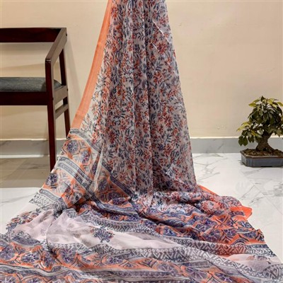 Golden Sunset Handblock Printed Chiffon Saree with Orange Blossom Border