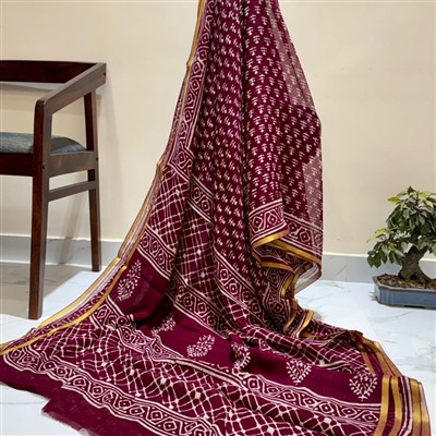 Golden Maroon Blossom Handblock Saree in Pure Double Diamond Chiffon