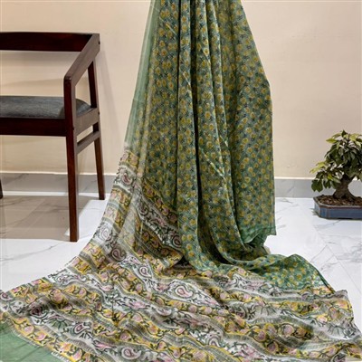 Emerald Garden Hand Block Printed Diamond Chiffon Saree