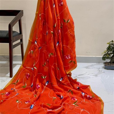Golden Floral Handblock Chiffon Saree - Pure Double Diamond Craftsmanship