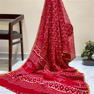 Golden Floral Georgette Saree with Zigzag Border