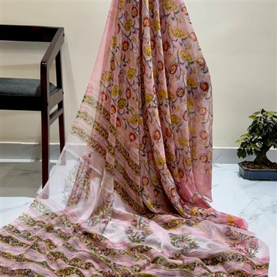 Rose Blush Floral Chiffon Saree with Ornate Border