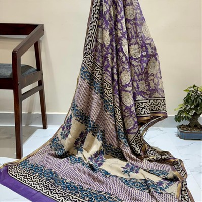 Royal Indigo Floral Handblock Chiffon Saree