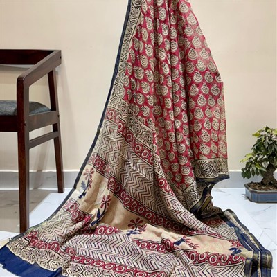 Pure Double Diamond Chiffon Saree in Red and Beige Floral Motifs