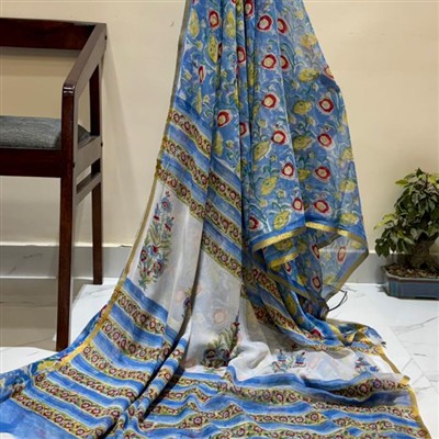 Royal Blue Floral Diamond Chiffon Saree Set