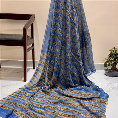 Indigo Floral Hand Block Pure Double Diamond Saree Set