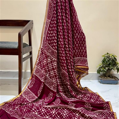 Golden Maroon Hand Block Printed Diamond Chiffon Saree