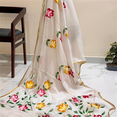 Crimson Floral Handblock Chiffon Saree with Gold Border