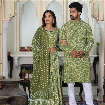 Hand Block Printed Olive Green Cotton Couple Ethnic Wear Set