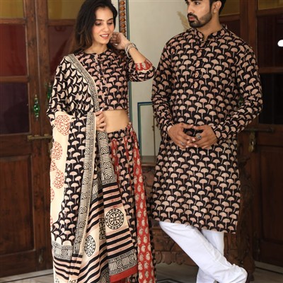 Hand Block Printed Black & Beige Ethnic Ensemble Set