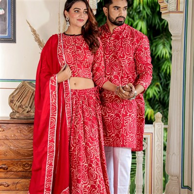 Hand Block Printed Red & White Festive Couple Ensemble