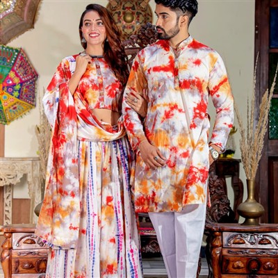 Hand Block Printed Crimson & Mustard Chaniya Choli with Tie-Dye Kurta Payzama Set