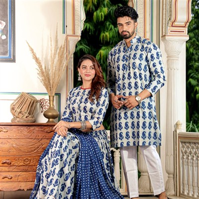 Blue Paisley Bliss Cotton Couple Ethnic Wear Set