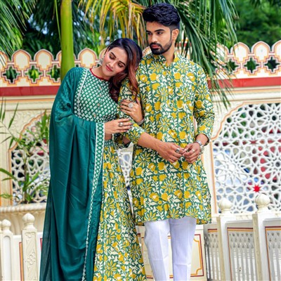Hand Block Printed Green & Yellow Floral Couple Ensemble