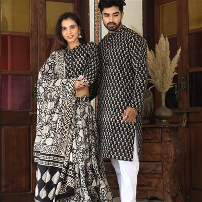 Hand Block Printed Monochrome Couple Ensemble