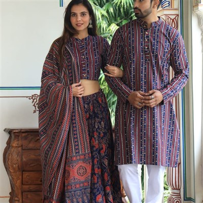 Indigo Geometric Cotton Ensembles with Floral Embroidery