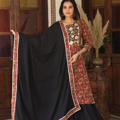 Hand Block Printed Reddish-Brown Cotton Ethnic Ensemble