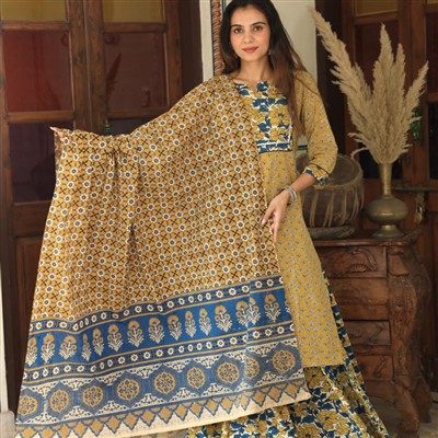 Mustard Floral Bliss Cotton Ethnic Wear Set