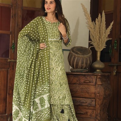 Olive Green Floral Bliss Cotton Suit Set