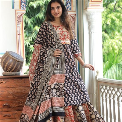 Rust-Orange Floral Cotton Anarkali with Dupatta