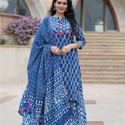 Hand Block Printed Navy Blue Cotton Kurta Set with Pink Details