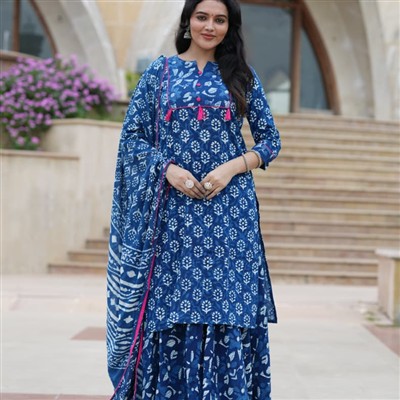 Hand Block Printed Navy Blue Cotton Kurta Set with Pink Accents