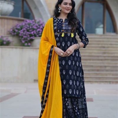 Black & Yellow Hand Block Printed Cotton Kurta Set
