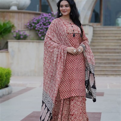 Hand Block Printed Red & Beige Cotton Ethnic Ensemble
