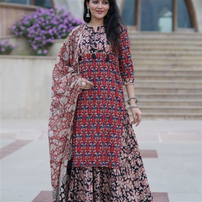 Indigo Blossom Hand Block Printed Cotton Ethnic Ensemble