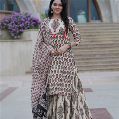 Hand Block Printed Maroon Floral Cotton Ethereal Ensemble
