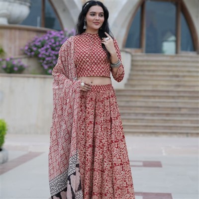 Hand Block Printed Crimson Floral Skirt Set with Mulmul Dupatta