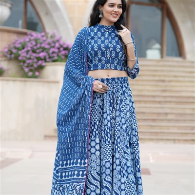 Hand Block Printed Blue Floral Crop Top & Skirt Set