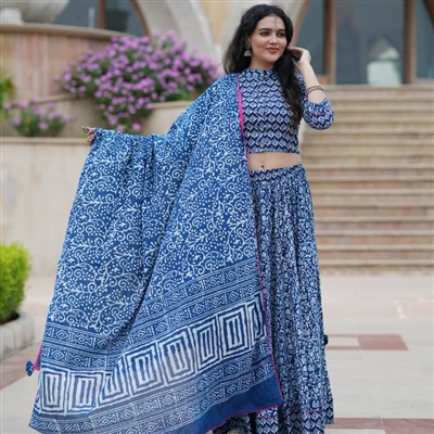 Indigo Floral Block Print Crop Top & Skirt Set with Mulmul Dupatta