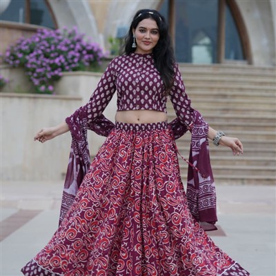 Ruby Blossom Hand Block Printed Crop Top & Skirt Set with Mulmul Dupatta