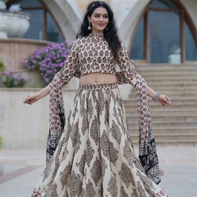 Mulmul Dupatta with Bagru Block Printed Crop Top & Skirt Set