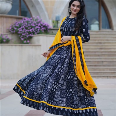 Indigo White Motif Cotton Anarkali with Mulmul Dupatta