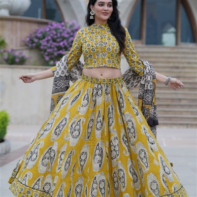 Hand Block Printed Mustard Yellow Crop Top & Skirt Set with Mulmul Dupatta