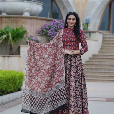 Crimson Floral Block Printed Cotton Crop Top & Lehenga Set