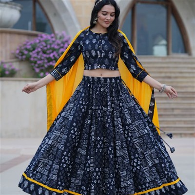 Hand Block Printed Navy Blue & Yellow Crop Top Skirt Set