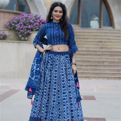 Indigo Geometric Hand Block Printed Cotton Crop Top Skirt Set with Mulmul Dupatta