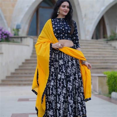 Hand Block Printed Mustard Black Crop Top Skirt Set