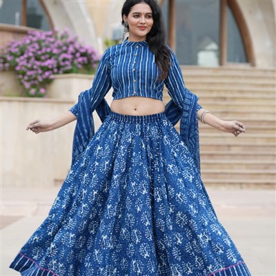 Hand Block Printed Indigo & White Cotton Ensemble with Mulmul Dupatta