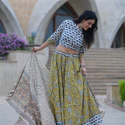 Mustard Floral Hand Block Printed Cotton Crop Top Skirt Set