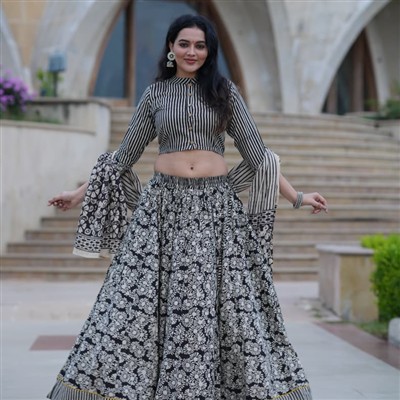 Hand Block Printed Monochrome Floral Crop Top & Skirt Set