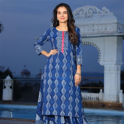 Indigo Leaf Hand Block Printed Cotton Ethnic Kurta Skirt Set