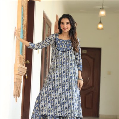 Indigo Diamond Block Cotton Kurta & Skirt Set